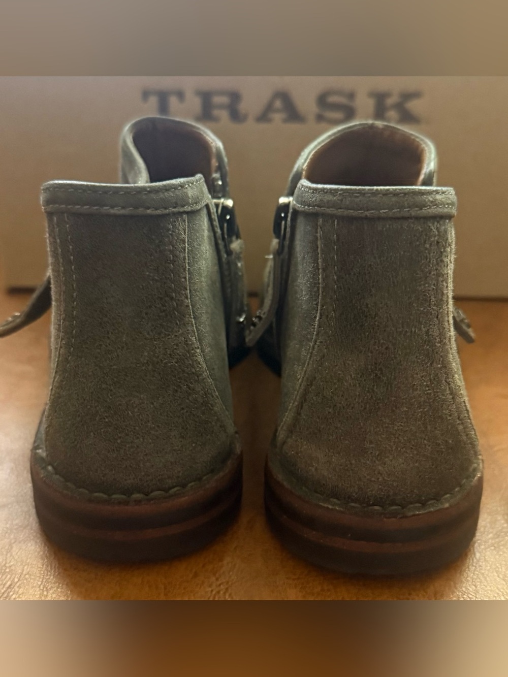 Trask Aubrey Ankle Booties Womens 6M Gray Distressed Italian Kid Suede Zip EUC - Picture 5 of 9